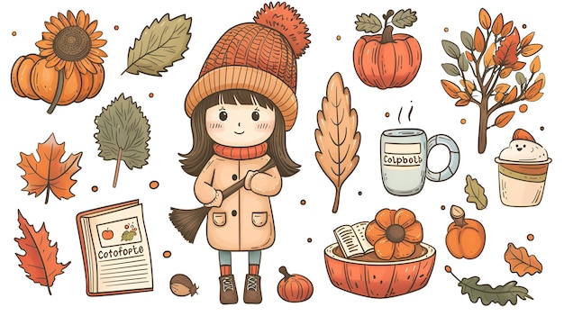 Photo cute chibi autumn clipart kawaii girl with fall items simple vector design perfect for print amp de