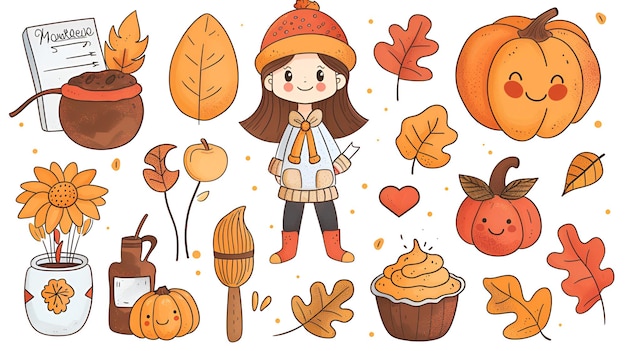 Photo cute chibi autumn clipart kawaii girl with fall items simple vector design perfect for print amp de