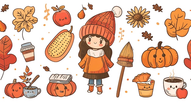 Photo cute chibi autumn clipart kawaii girl with fall items simple vector design perfect for print amp de