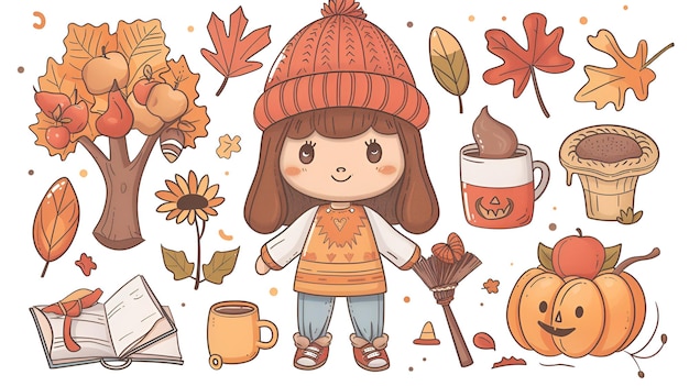 Photo cute chibi autumn clipart kawaii girl with fall items simple vector design perfect for print amp de