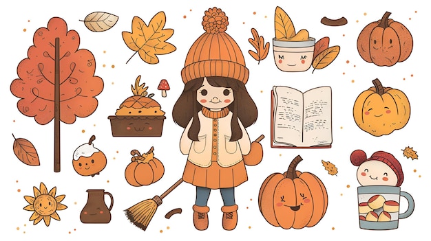 Photo cute chibi autumn clipart kawaii girl with fall items simple vector design perfect for print amp de