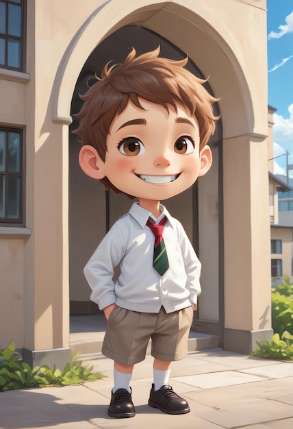 a cute chibi boy character with a big smile wearing a student uniform surrounded by school building