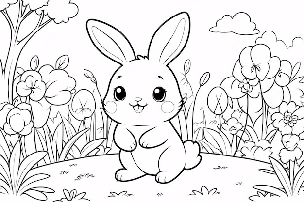 Photo cute chibi bunny line art rabbit hand drawn kawaii kids coloring book illustration