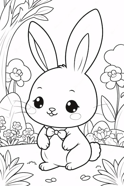 Photo cute chibi bunny line art rabbit hand drawn kawaii kids coloring book illustration