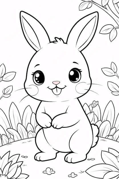 Photo cute chibi bunny line art rabbit hand drawn kawaii kids coloring book illustration