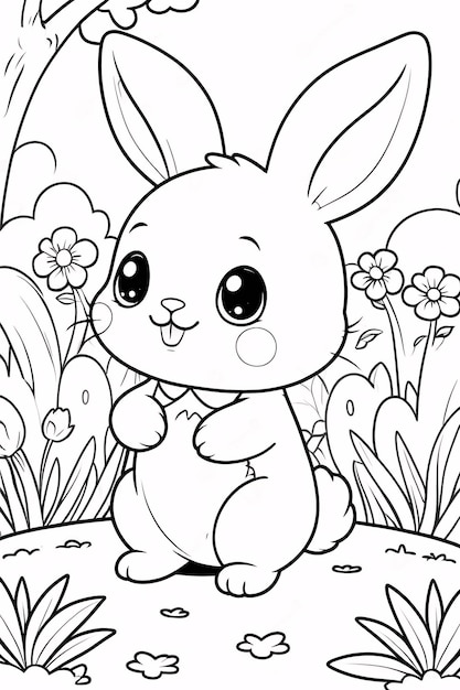 Photo cute chibi bunny line art rabbit hand drawn kawaii kids coloring book illustration