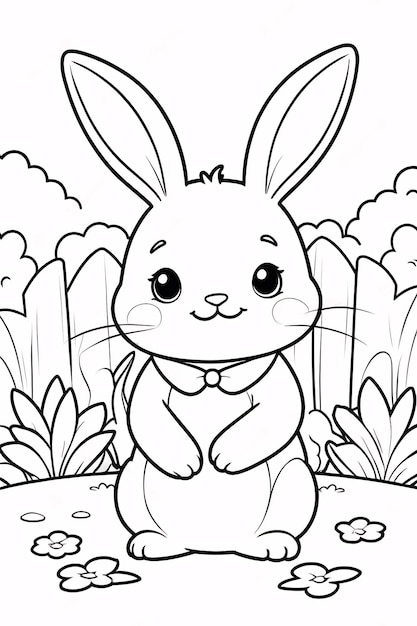 Photo cute chibi bunny line art rabbit hand drawn kawaii kids coloring book illustration