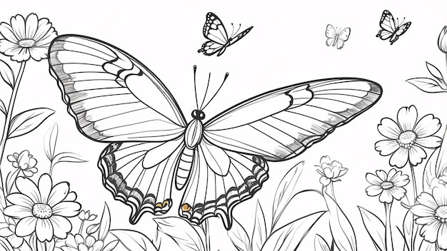 Cute Chibi Butterfly Line Art Flower In Garden Hand Drawn Kawaii Kids Coloring Book Illustration