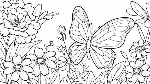 Cute Chibi Butterfly Line Art Flower In Garden Hand Drawn Kawaii Kids Coloring Book Illustration