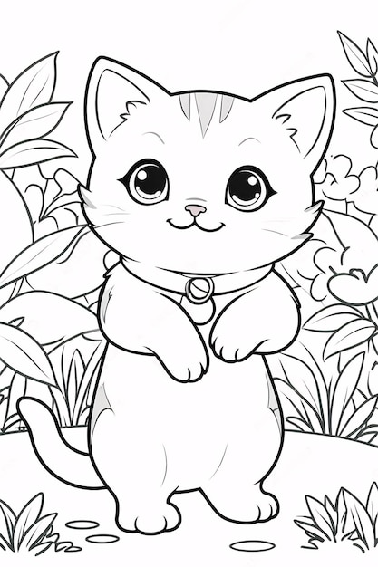 Cute Chibi Cat Line Art Little Kitten Hand Drawn Kawaii Kids Coloring Book Illustration