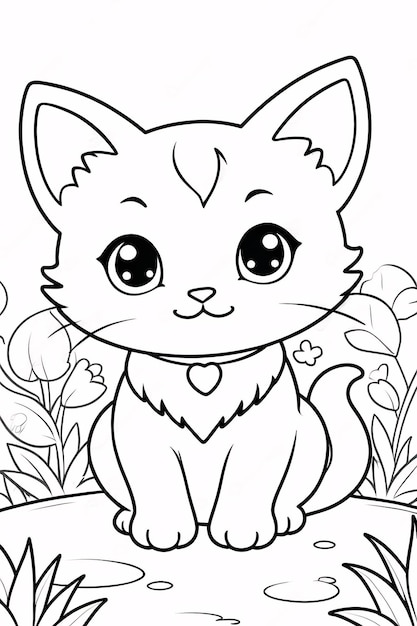 Cute Chibi Cat Line Art Little Kitten Hand Drawn Kawaii Kids Coloring Book Illustration