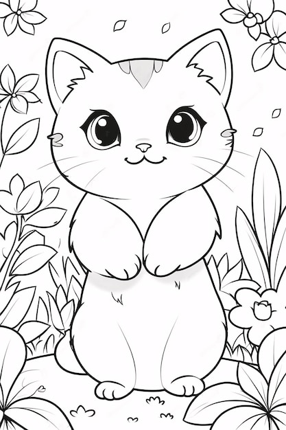 Photo cute chibi cat line art little kitten hand drawn kawaii kids coloring book illustration