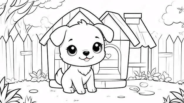 Cute Chibi Puppy Line Art Little Dog Hand Drawn Kawaii Kids Coloring Book Illustration