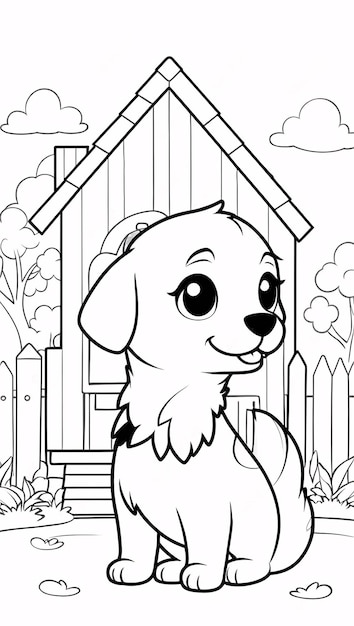 Cute Chibi Puppy Line Art Little Dog Hand Drawn Kawaii Kids Coloring Book Illustration