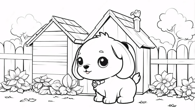 Cute Chibi Puppy Line Art Little Dog Hand Drawn Kawaii Kids Coloring Book Illustration