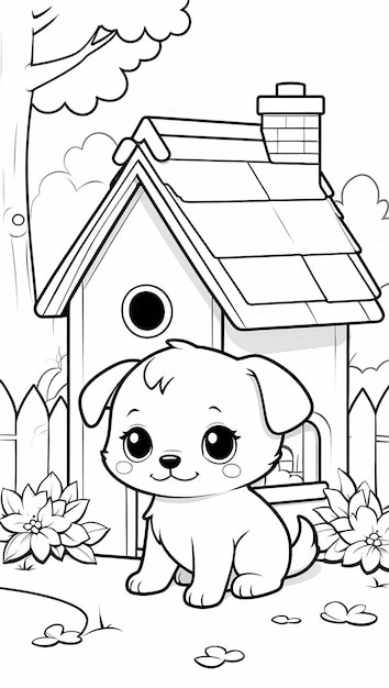 Cute Chibi Puppy Line Art Little Dog Hand Drawn Kawaii Kids Coloring Book Illustration