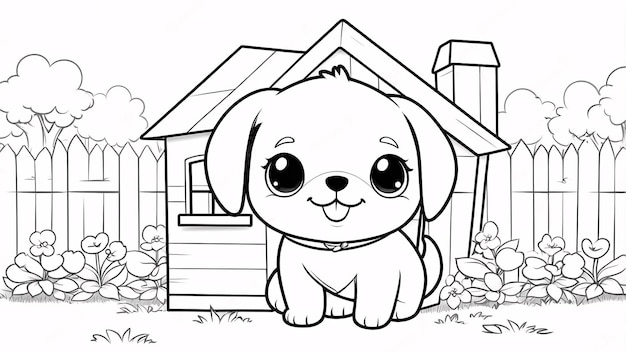 Cute Chibi Puppy Line Art Little Dog Hand Drawn Kawaii Kids Coloring Book Illustration