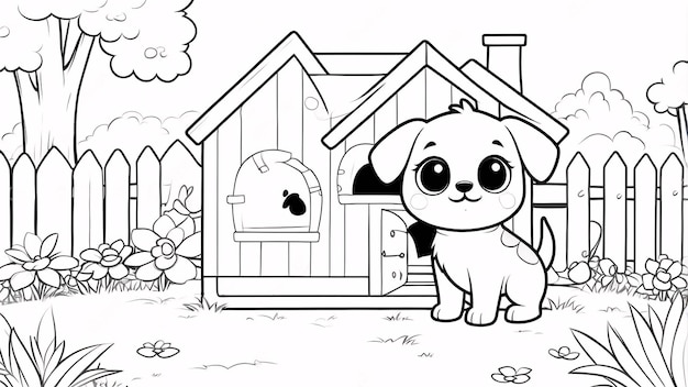 Cute Chibi Puppy Line Art Little Dog Hand Drawn Kawaii Kids Coloring Book Illustration