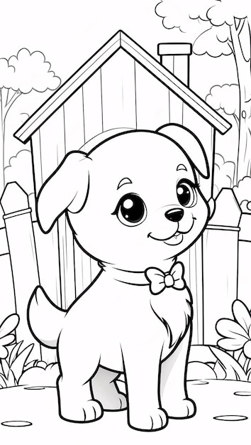 Cute Chibi Puppy Line Art Little Dog Hand Drawn Kawaii Kids Coloring Book Illustration