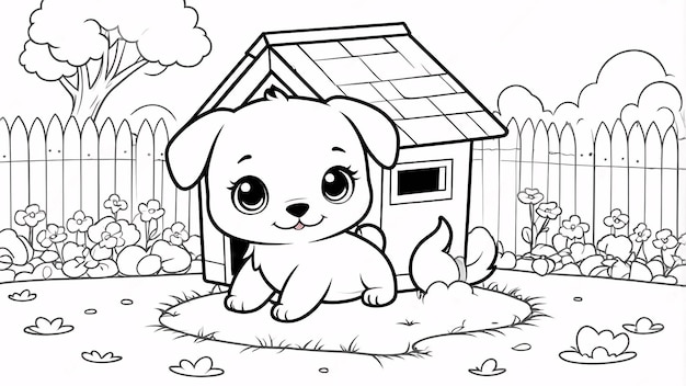 Cute Chibi Puppy Line Art Little Dog Hand Drawn Kawaii Kids Coloring Book Illustration