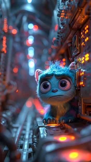 cute chibi sully from Monsters Inc watching one of the door portals inside the The Door Warehouse pixar disney dreamworks 4k mUHD HDR extreme detail ultra refined vibrant