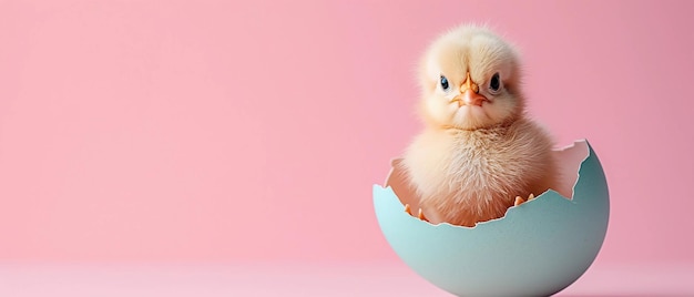 Cute chick sitting in cracked eggshell Soft pastel Easter background Copy space AI Generated