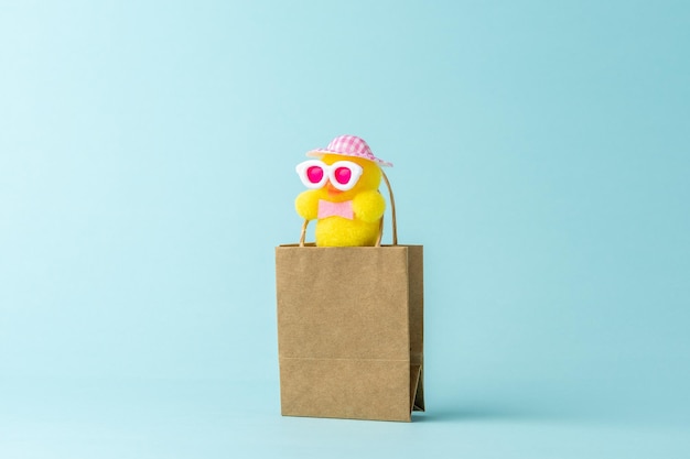 Cute chicken in shopping bag on blue background