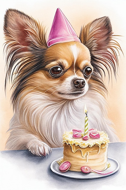 Cute Chihuahua dog with festive birthday cake Watercolor AI generative illustration