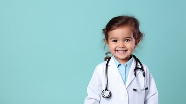 Cute child in doctor coat with stethoscope on color background Space for text