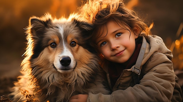 Cute child embraces small dog portraying love and innocence