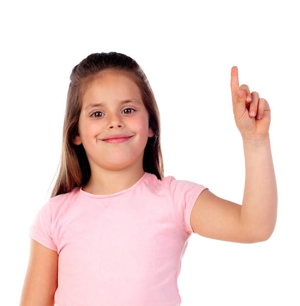 Cute child girl pointing with his finger