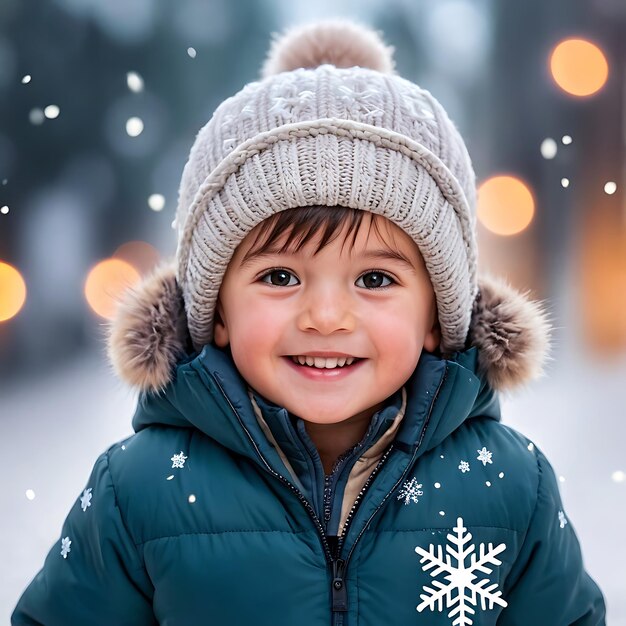 Photo cute child happy face wearing hat and warm jacket surrounded with snowflakes winter photo