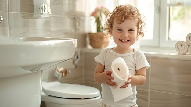 cute child holding toilet paper in restroom