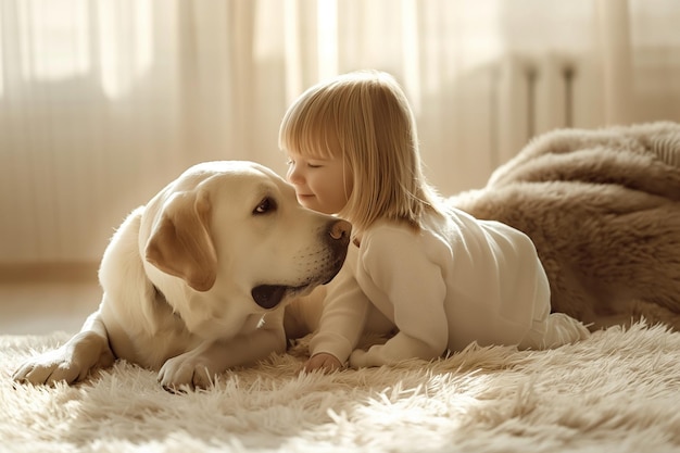 cute child and labrador retriever playing at home cute child and labrador retriever enjoying