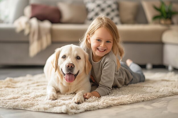 cute child and labrador retriever playing at home cute child and labrador retriever enjoying