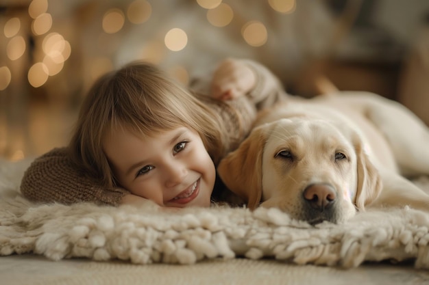 cute child and labrador retriever playing at home cute child and labrador retriever enjoying