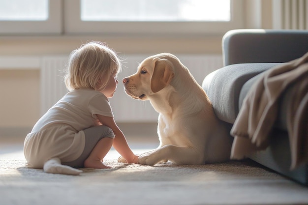 cute child and labrador retriever playing at home cute child and labrador retriever enjoying