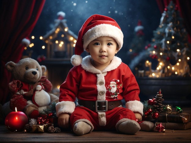 Cute child opening christmas gift Lovely baby enjoy christmas Santa boy little child winter celebr