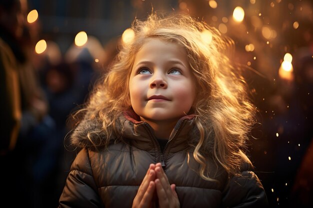 Cute Child Praying in Church and Blessing Cinematic CloseUp with Studio Lighting