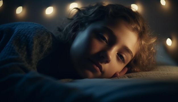 Cute child resting comfortably in illuminated bedroom generative AI