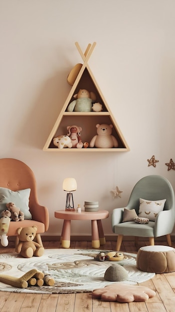 Cute child room interior with furniture toys and wigwam shaped shelf on white wall