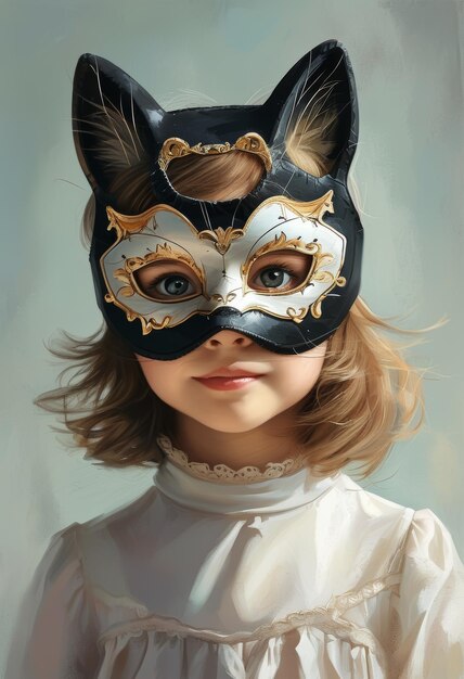 Photo a cute child with expressive eyes wears a cat mask quadrober style