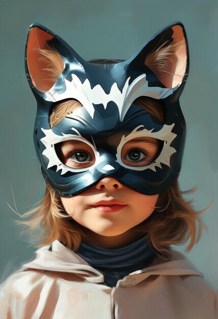 Photo a cute child with expressive eyes wears a cat mask quadrober style