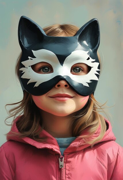 Photo a cute child with expressive eyes wears a cat mask quadrober style