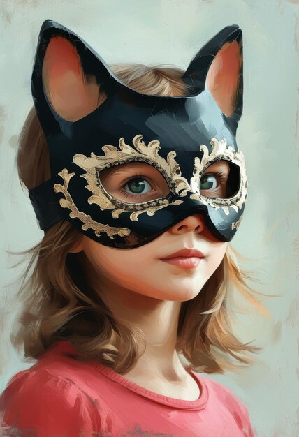 Photo a cute child with expressive eyes wears a cat mask quadrober style