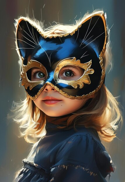 Photo a cute child with expressive eyes wears a cat mask quadrober style