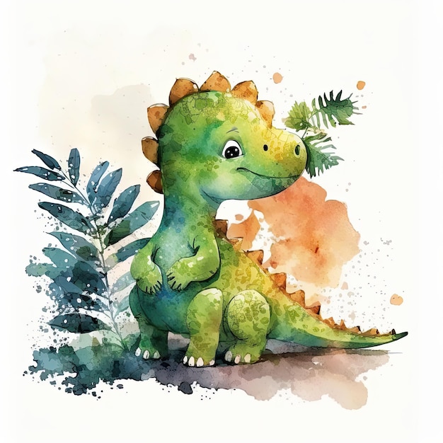 Cute Childish Watercolor Dinosaur Illustration AI GenerativexA