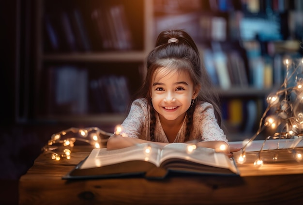 Cute children baby girl smiling and reading book in living room home night lighting Generative AI