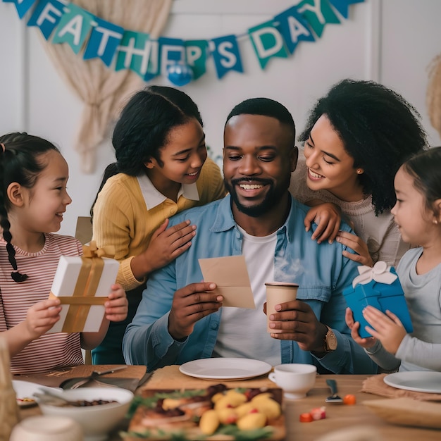 Cute children congratulating happy daddy with Fathers day and giving him handmade greeting postcard