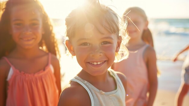 Cute children enjoying sunny day at beach Summer camp Generative AI